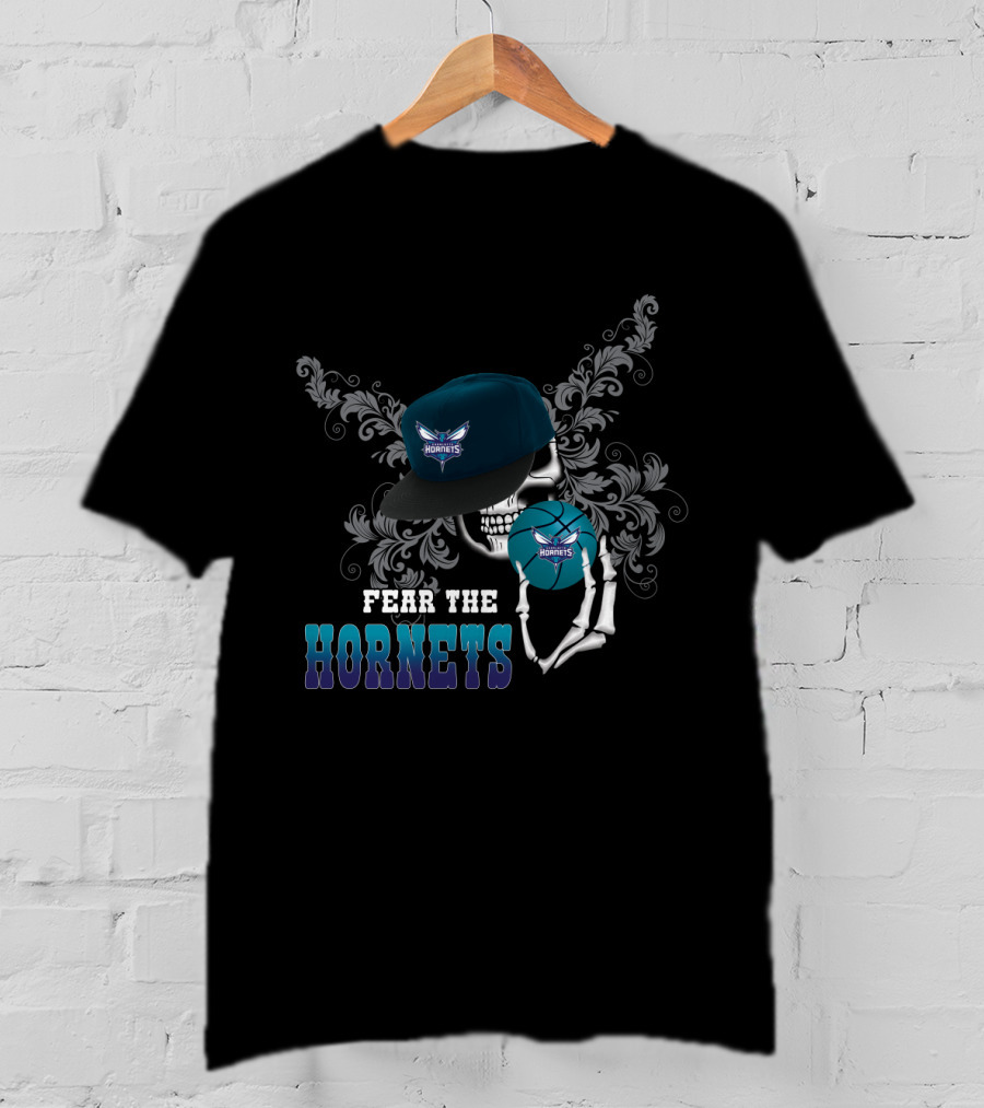 Fear The Hornets Skull Skeleton Cap Basketball Fans T-Shirt