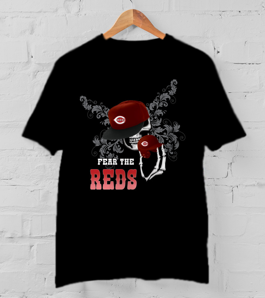 Fear The Cincinnati Reds Skull Skeleton With Red Cap And Floral T-Shirt