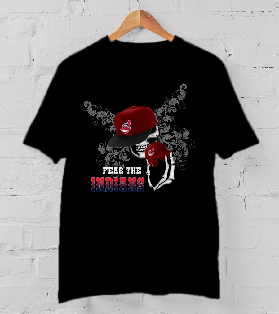 Cleveland Indians Fear The Skull With Red Cap And Skeleton Hand T-Shirt