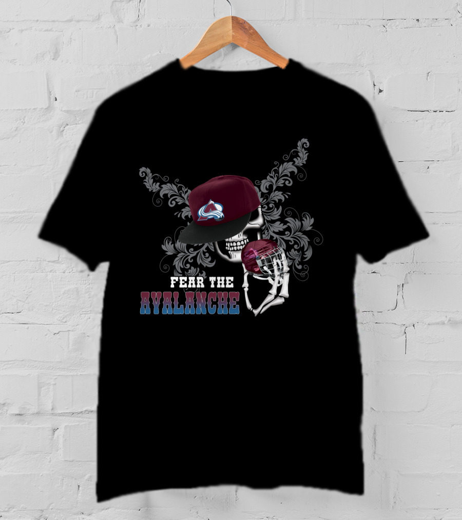 Fear The Avalanche Skull Wearing Colorado Hockey Cap And Holding Hockey Helmet T-Shirt
