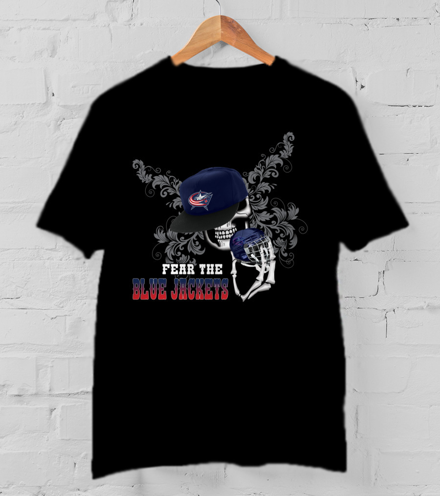 Fear The Columbus Blue Jackets Skull With Hockey Helmet And Hat T-Shirt