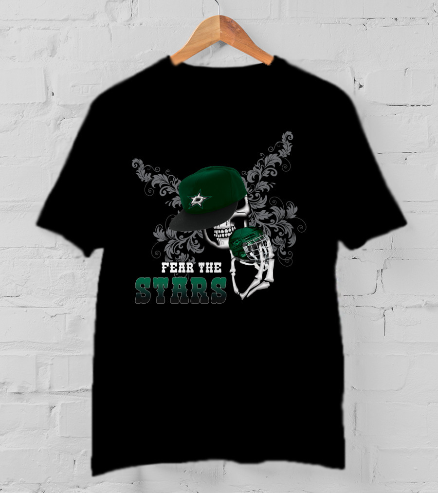 Fear The Dallas Stars Hockey Skull With Cap And Helmet T-Shirt