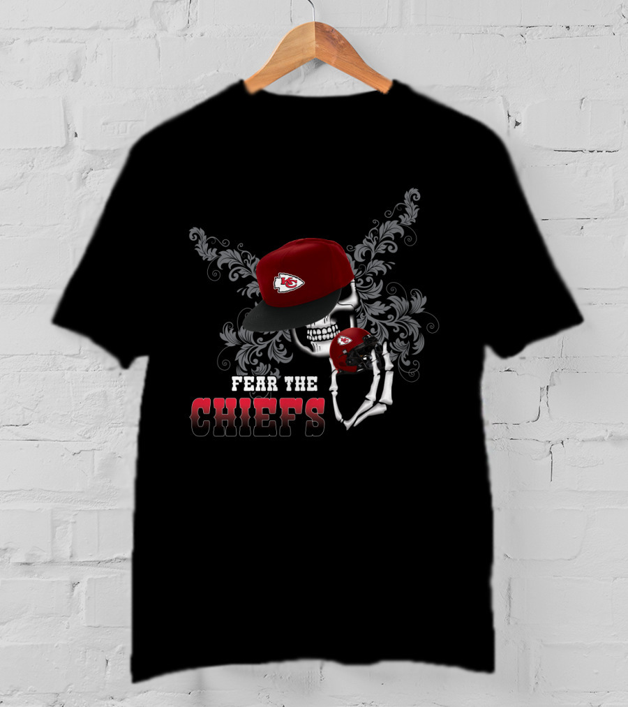 Fear The Chiefs Skull With Kansas City Helmet And Cap T-Shirt