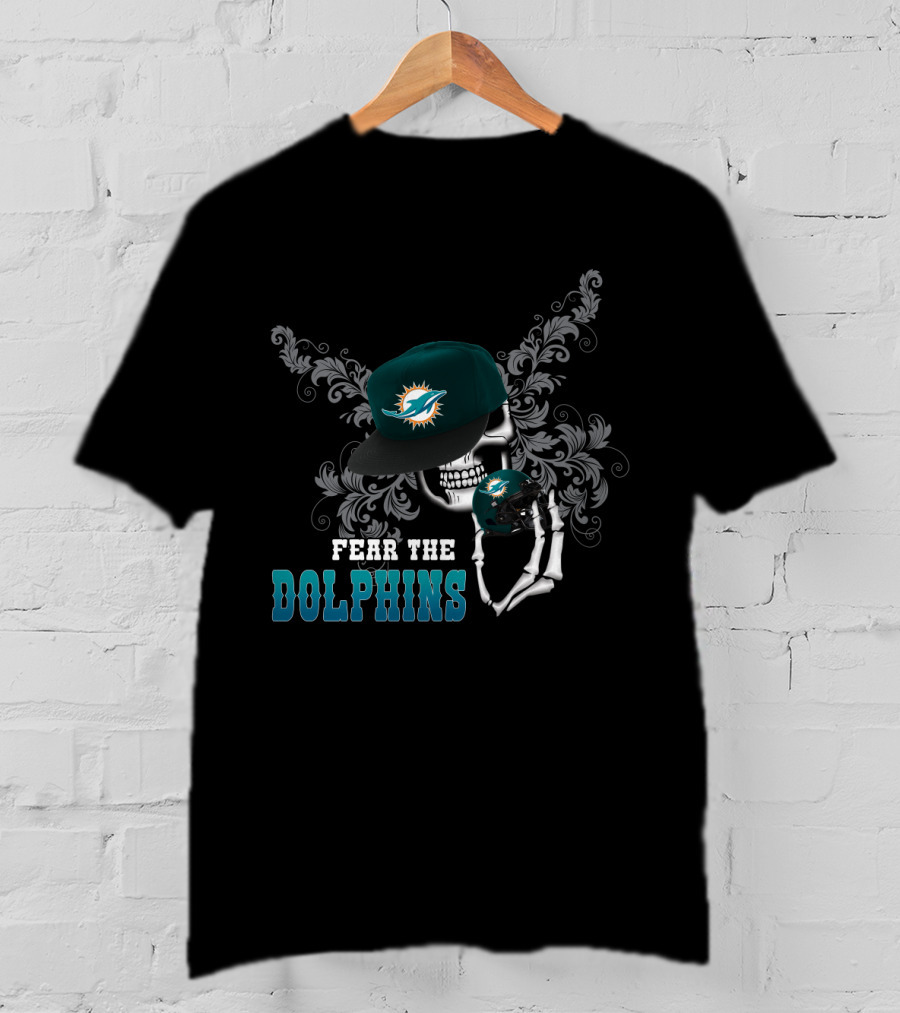 Fear The Dolphins Miami Skull With Helmet And Cap T-Shirt
