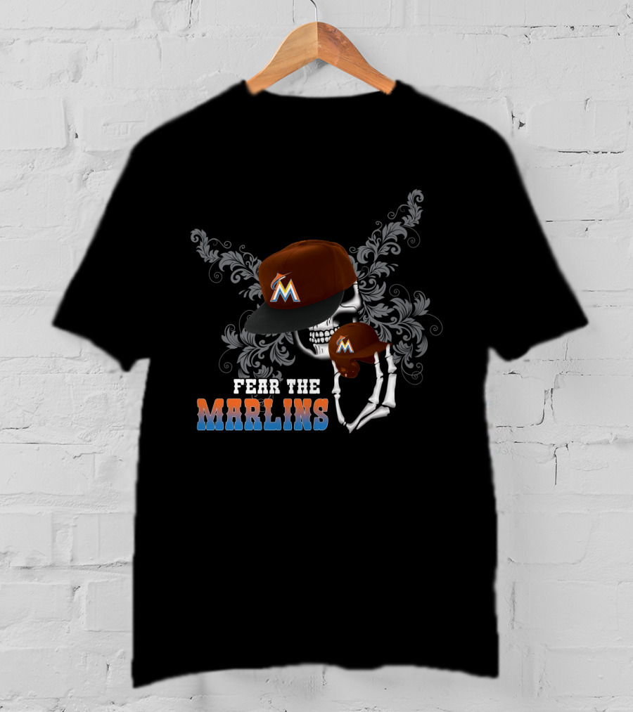 Fear The Marlins Skull With Miami Cap And Skeleton Hand T-Shirt