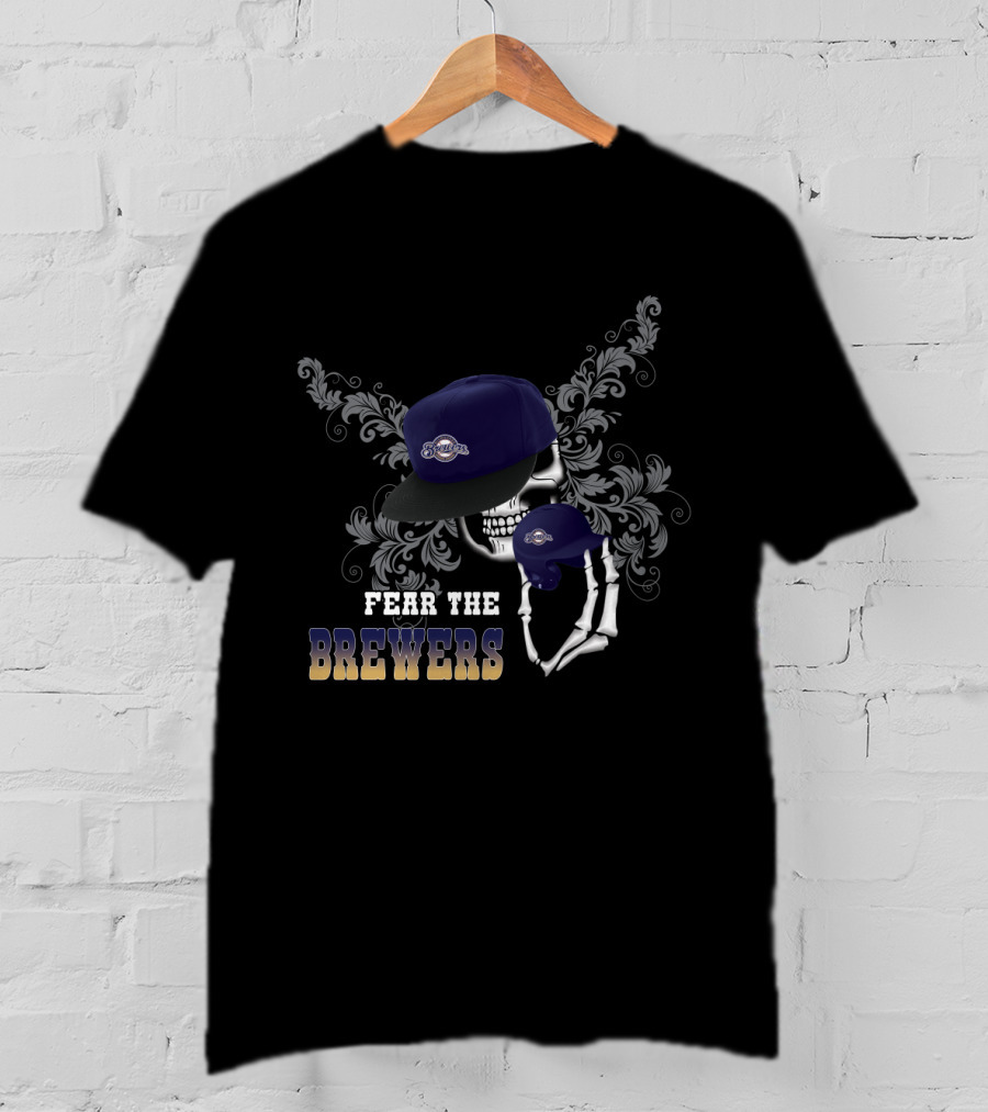 Skull And Floral Design With Blue Cap And Baseball: Fear The Brewers T-Shirt