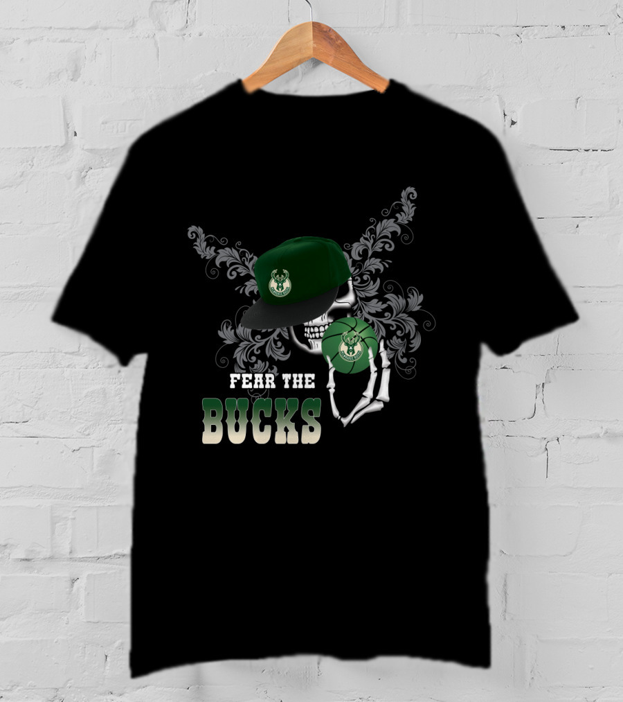 Fear The Bucks Skeleton Holding Basketball Milwaukee Bucks Fans T-Shirt