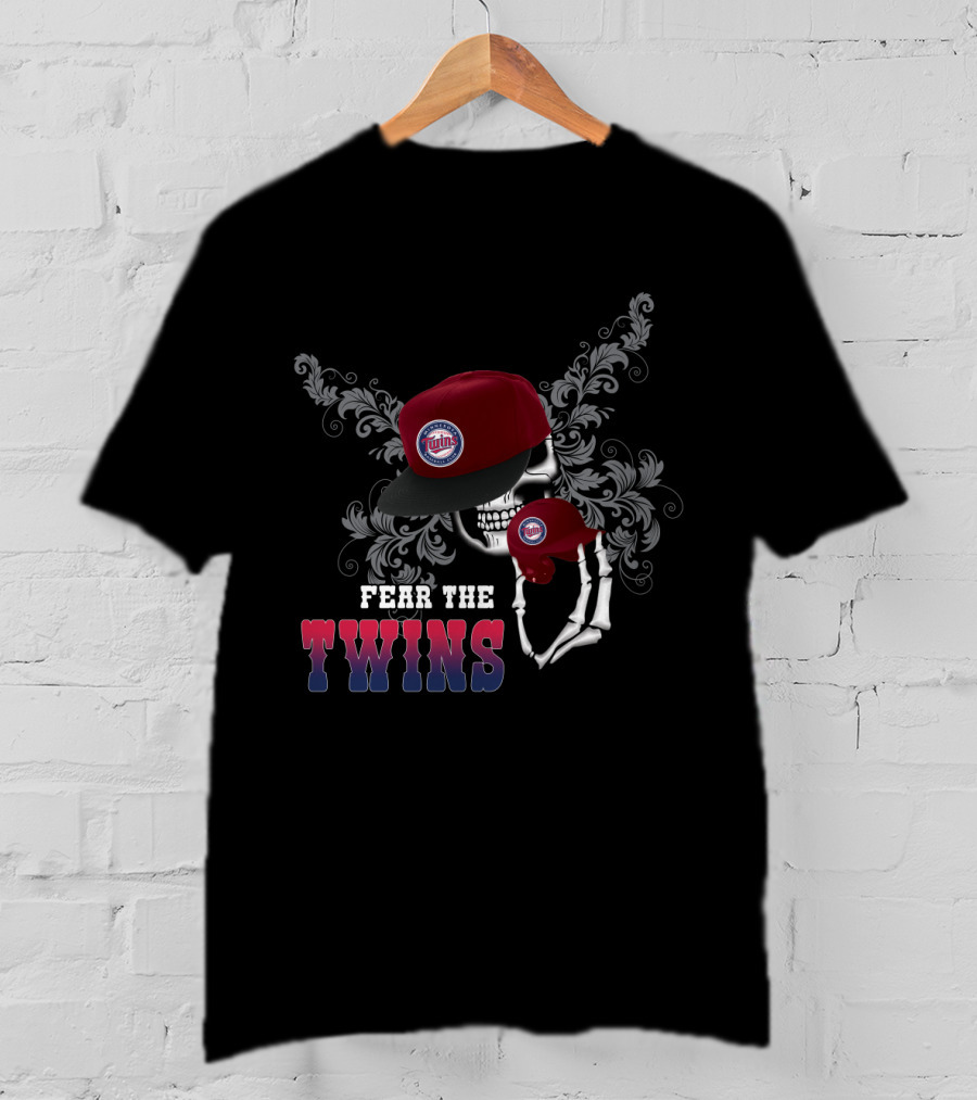 Fear The Twins Skull Design With Cap And Ornament Background T-Shirt