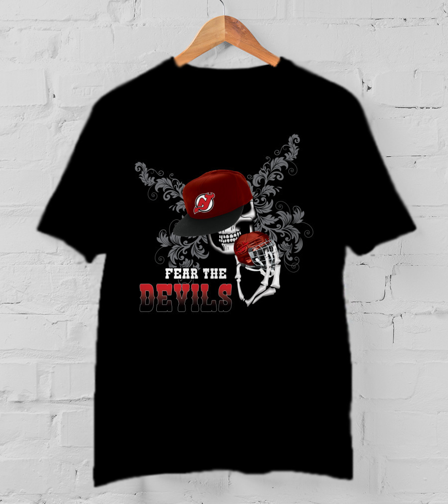 Fear The Devils Skull With New Jersey Devils Cap And Hockey Helmet T-Shirt