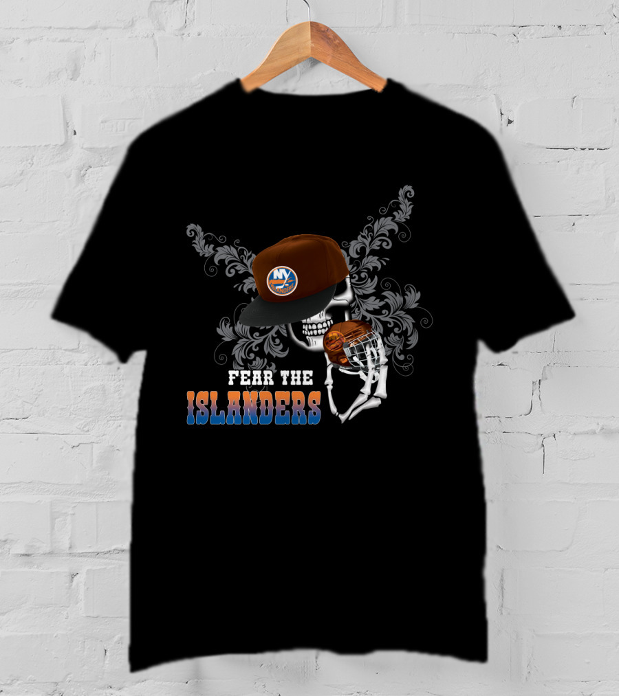 Fear The Islanders Skull Art With New York Islanders Hockey Helmet And Cap T-Shirt