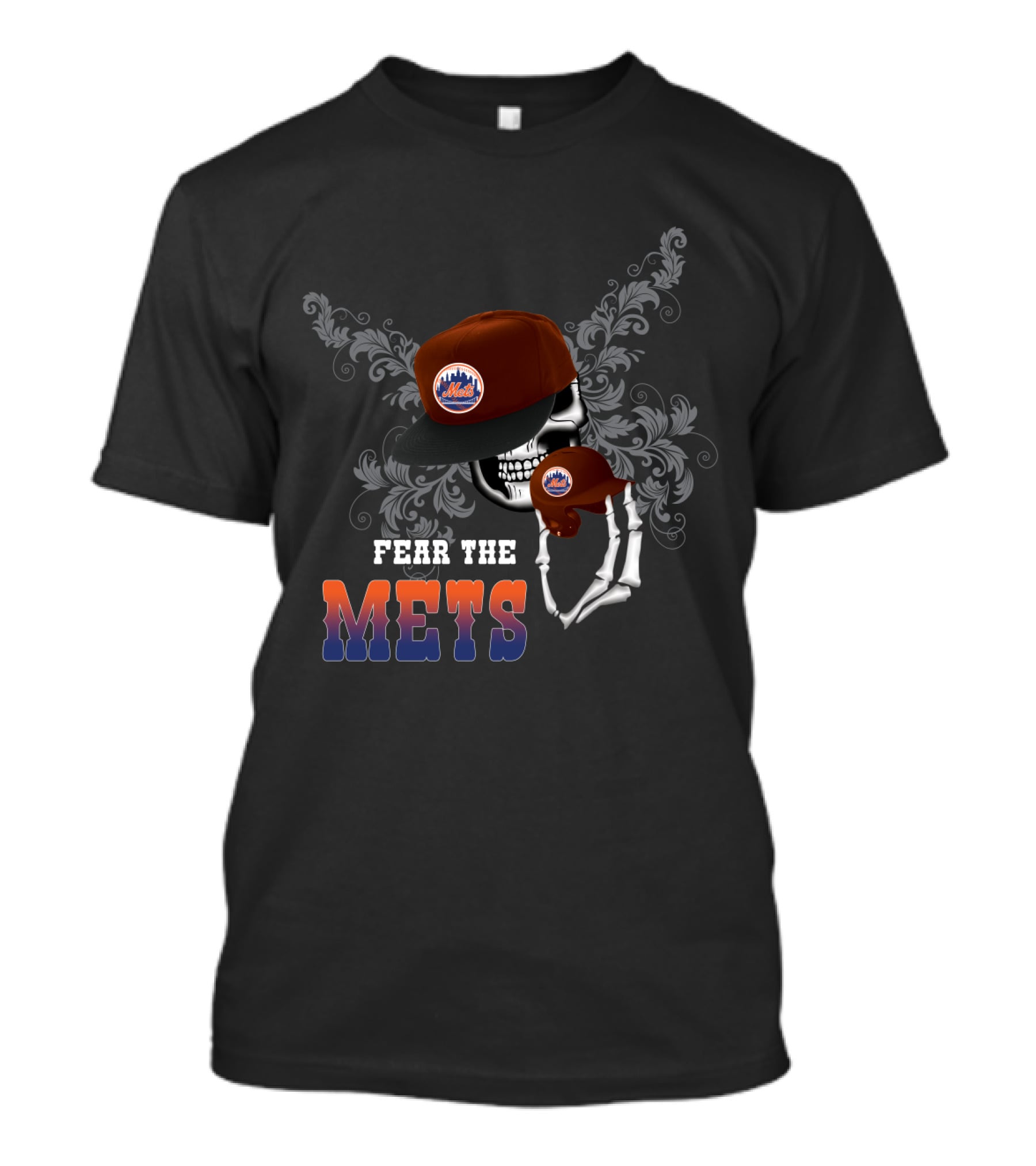 Fear The New York Mets Skeleton Wearing Baseball Cap T-Shirt