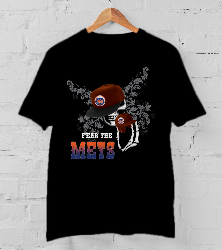 Fear The New York Mets Skeleton Wearing Baseball Cap T-Shirt