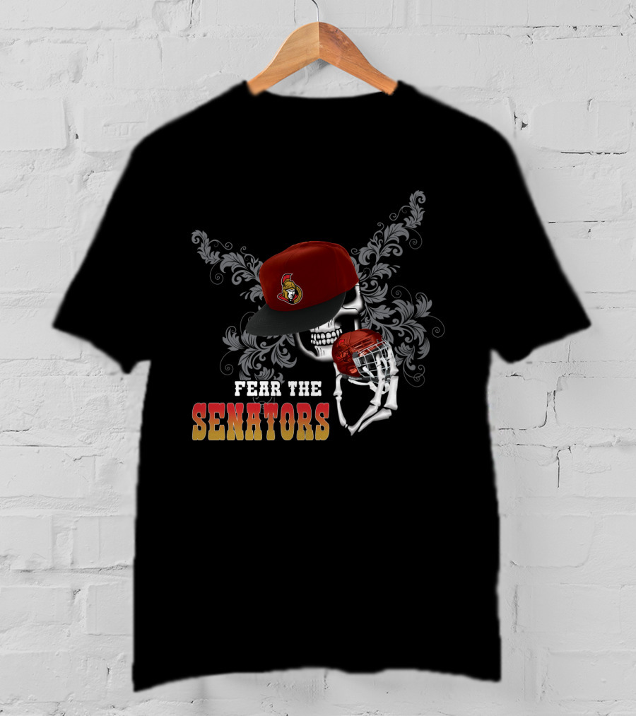 Ottawa Senators Fear The Skull With Hockey Helmet And Floral Background T-Shirt