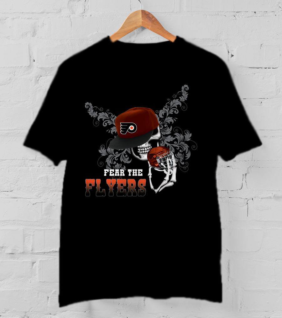 Fear The Philadelphia Flyers Skull With Hockey Helmet And Cap T-Shirt