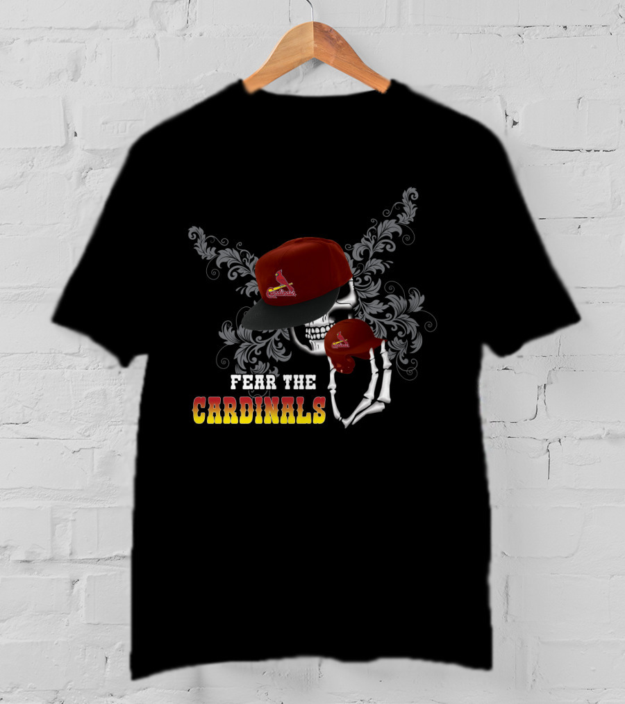 Fear The St. Louis Cardinals Skull With Red Cap And Stylized Floral T-Shirt