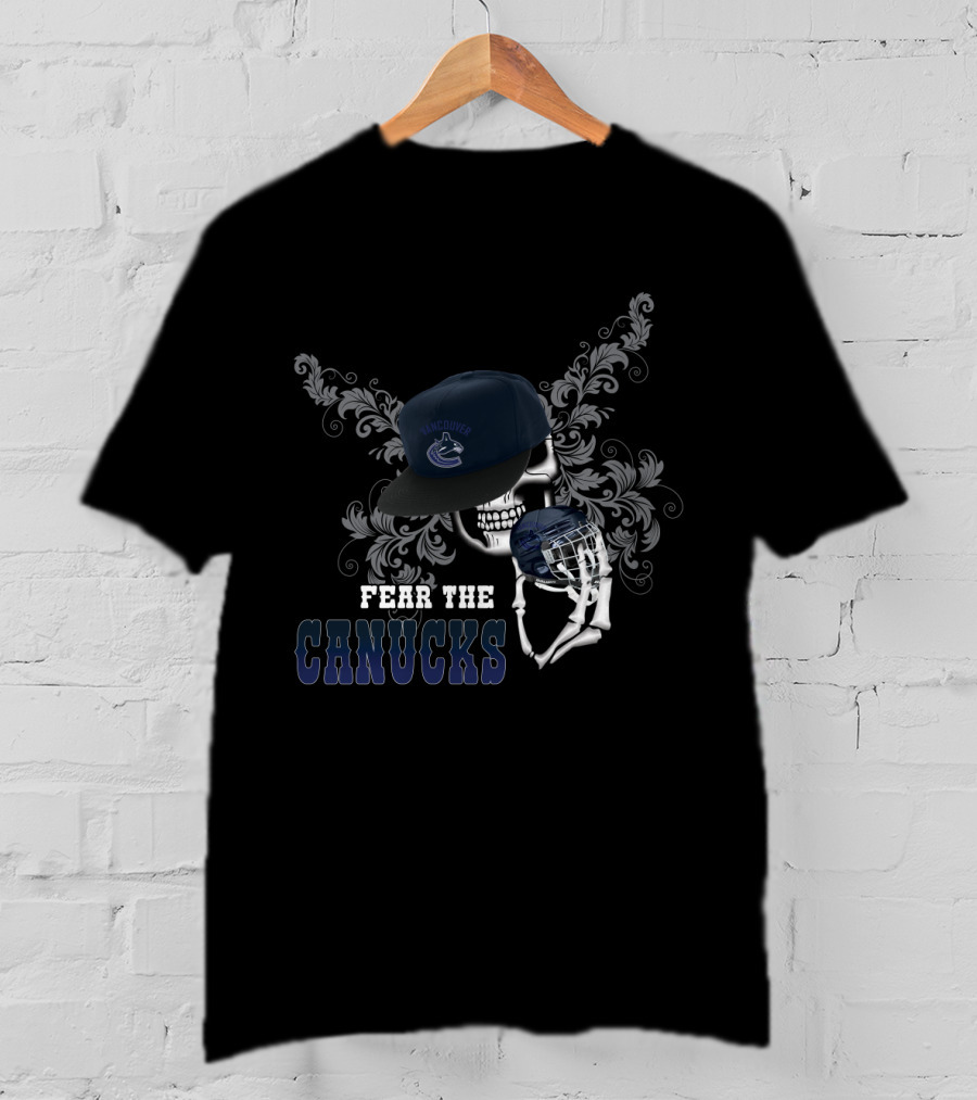 Vancouver Canucks Skull With Cap And Hockey Helmet Graphics T-Shirt