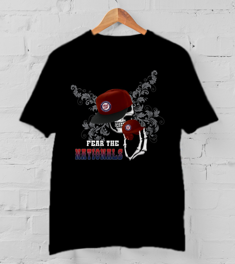 Fear The Washington Nationals Skeleton Skull Grasping Baseball Cap With Ornate Floral Background T-Shirt