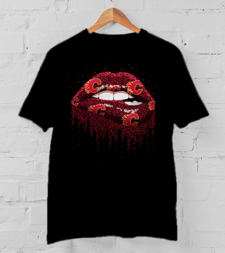 Calgary Flames Glitter Lips Fan Lips With Flames T-Shirt