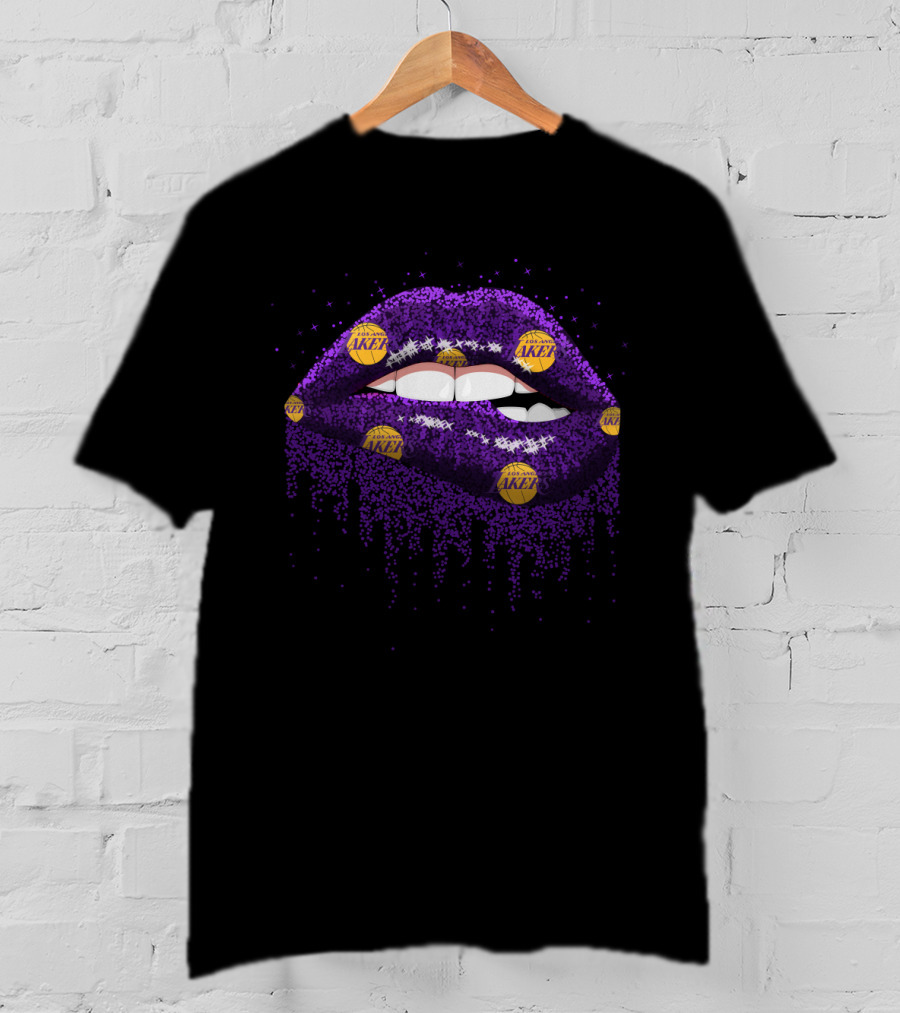 Glitter Purple Lips Decorated With Los Angeles Lakers Basketball Logos For Fans T-Shirt