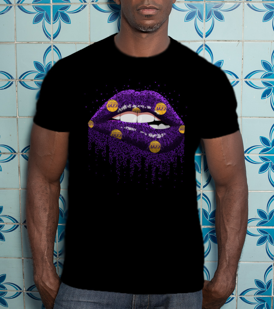 Glitter Purple Lips Decorated With Los Angeles Lakers Basketball Logos For Fans T-Shirt