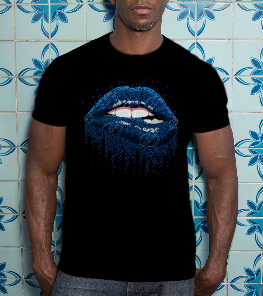 Glitter Lips With Tampa Bay Lightning Logo Blue Sparkle Fans T-Shirt