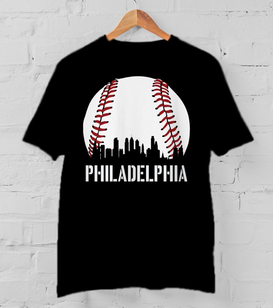 Philadelphia Skyline Baseball Stitching Downtown Philly T-Shirt