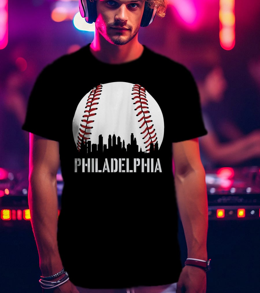 Philadelphia Skyline Baseball Stitching Downtown Philly T-Shirt