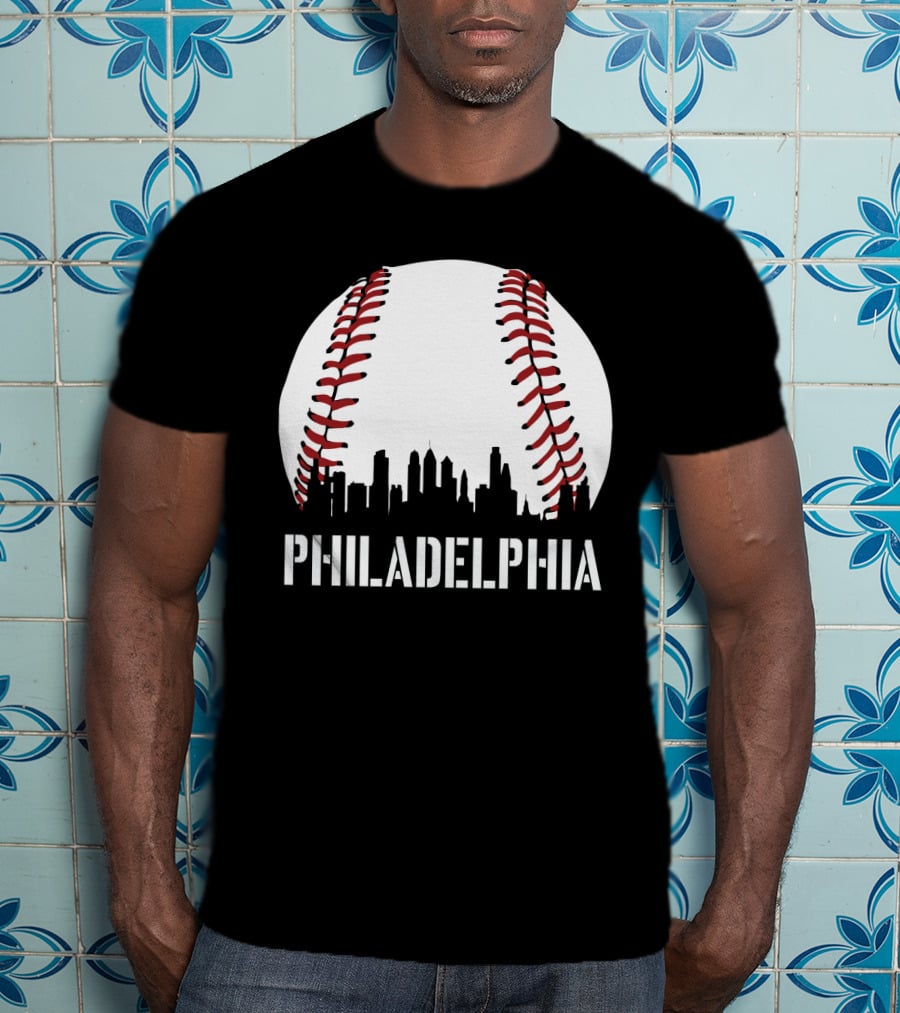 Philadelphia Skyline Baseball Stitching Downtown Philly T-Shirt