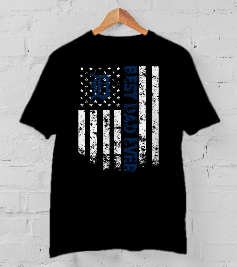 Detroit Tigers Best Dad Ever With American Flag Stripes T-Shirt