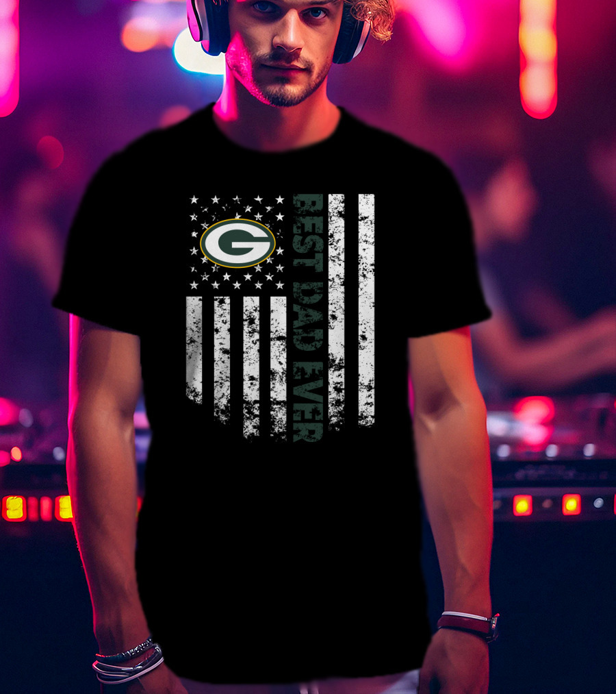 Best Dad Ever Green Bay Packers Flag Stars Stripes T-Shirt