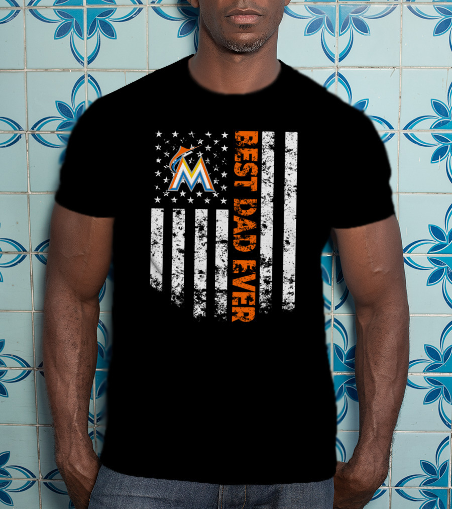 Best Dad Ever Miami Marlins Logo With Patriotic Flag Stripes T-Shirt