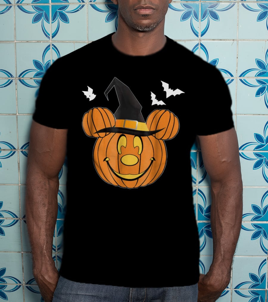 Disney Mickey Mouse Halloween Pumpkin Witch Hat And Bats T-Shirt