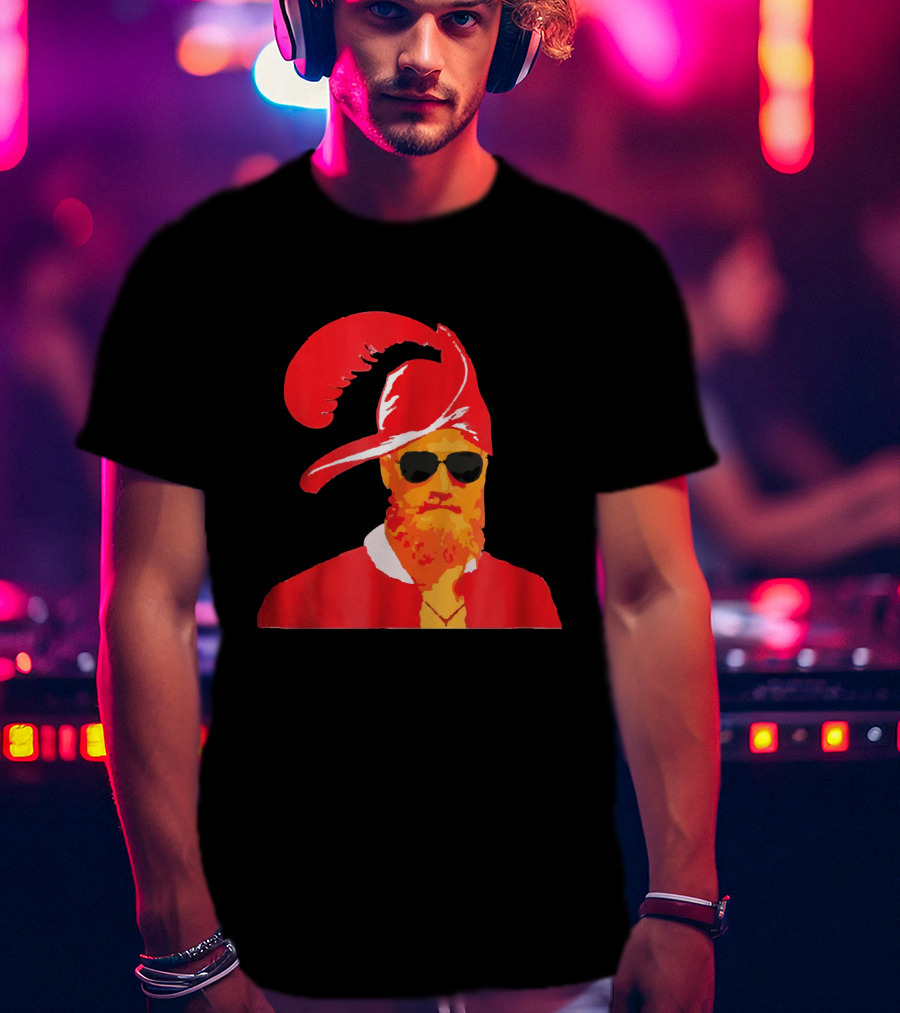 Fitzmagic Pirate Santa With Sunglasses Iconic Beard Red Feather Hat T-Shirt