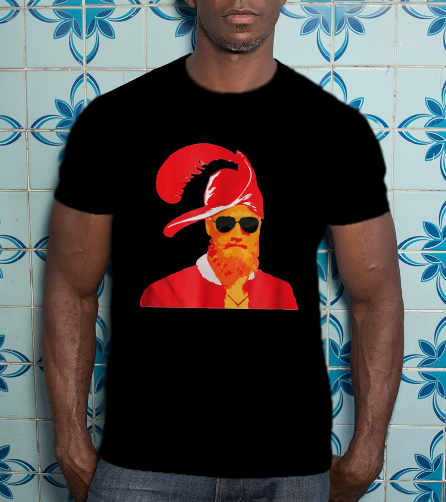 Fitzmagic Pirate Santa With Sunglasses Iconic Beard Red Feather Hat T-Shirt