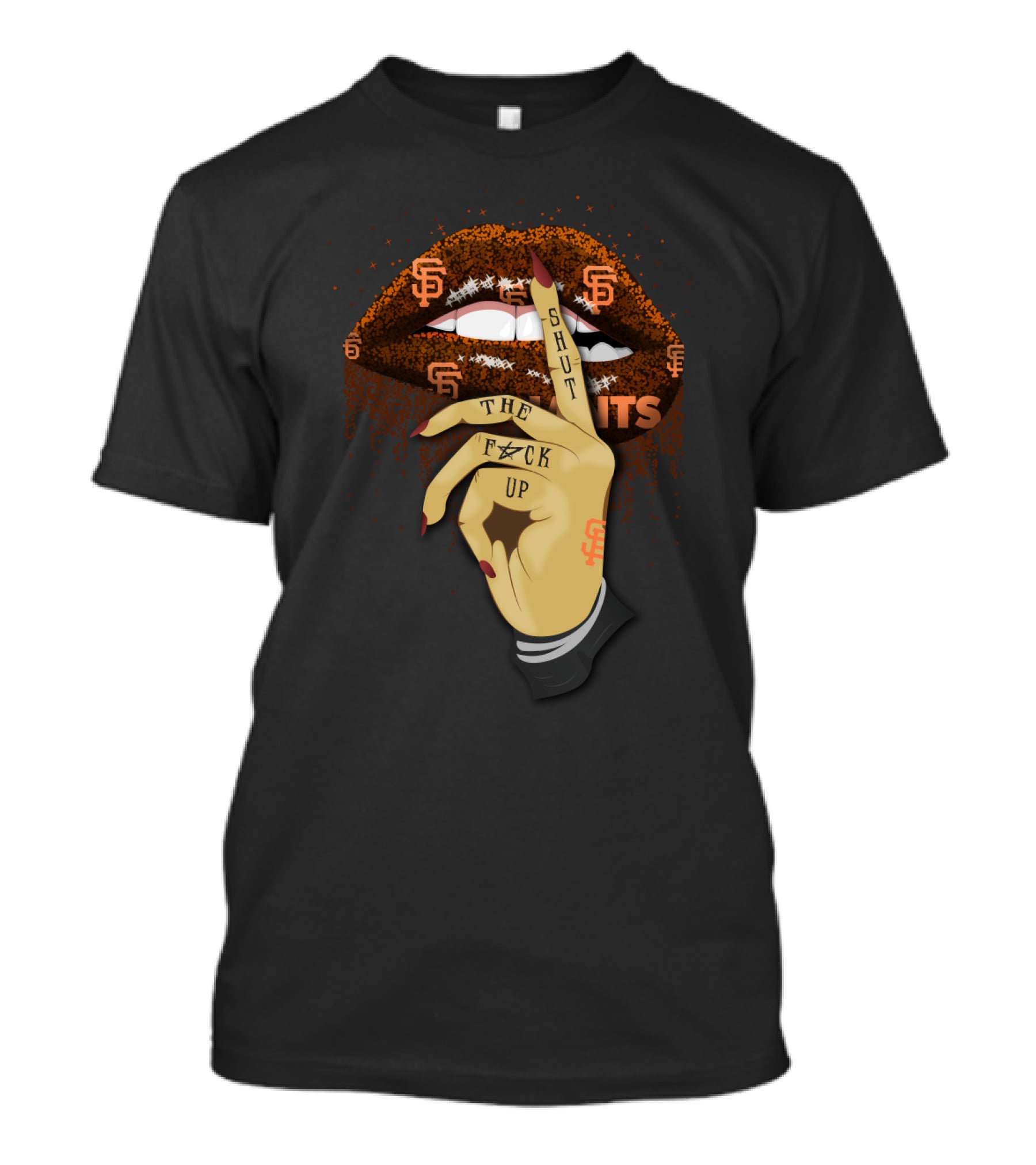 San Francisco Giants Glitter Lip Shut Up Hand Gesture Fan T-Shirt