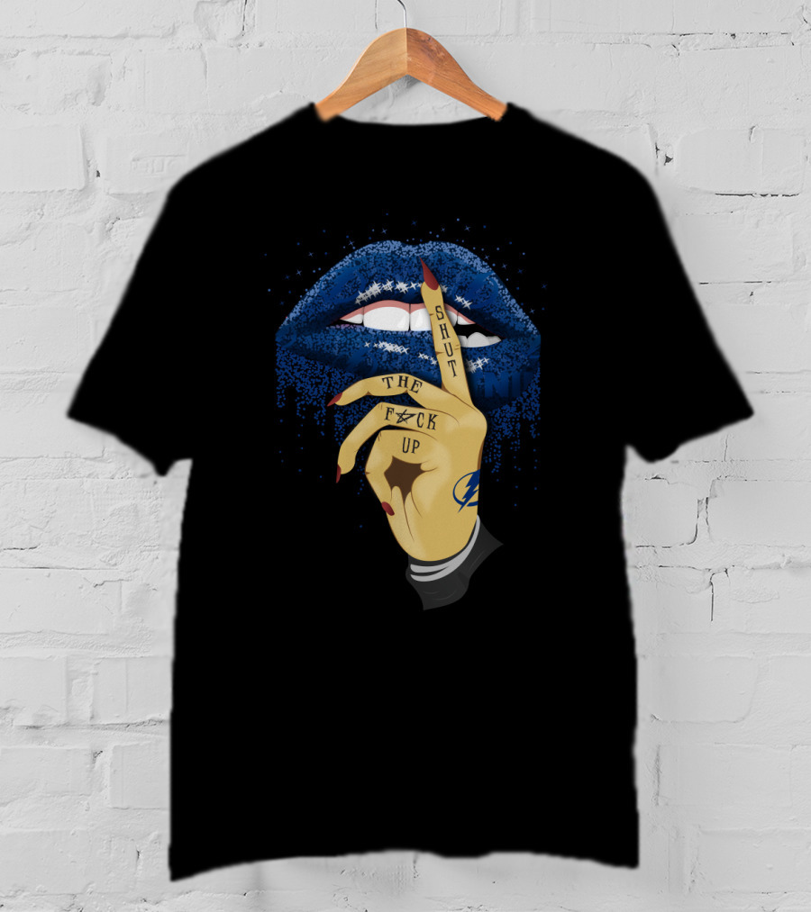 Tampa Bay Lightning Glitter Lips Shut Up Gesture Fan T-Shirt