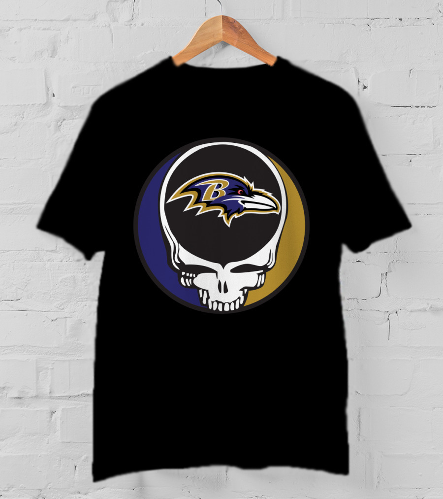 Grateful Dead Skull Logo With Baltimore Ravens Team T-Shirt