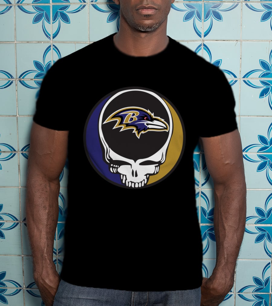 Grateful Dead Skull Logo With Baltimore Ravens Team T-Shirt