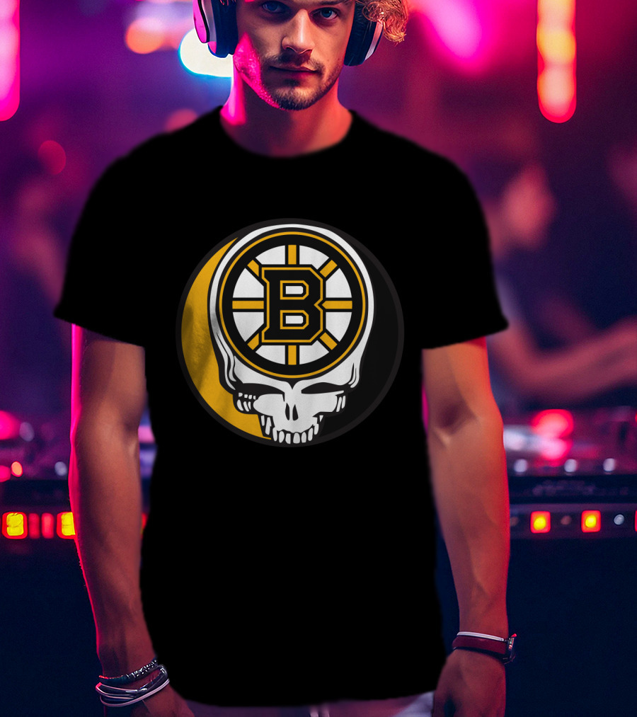 Boston Bruins And Grateful Dead Skull Logo Fusion T-Shirt