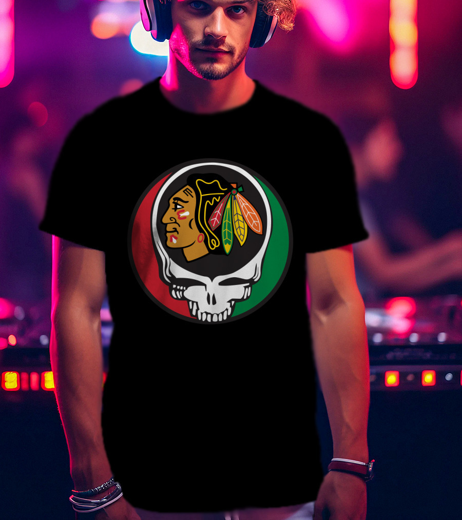 Grateful Dead Skull Chicago Blackhawks Logo Fusion For Fans T-Shirt