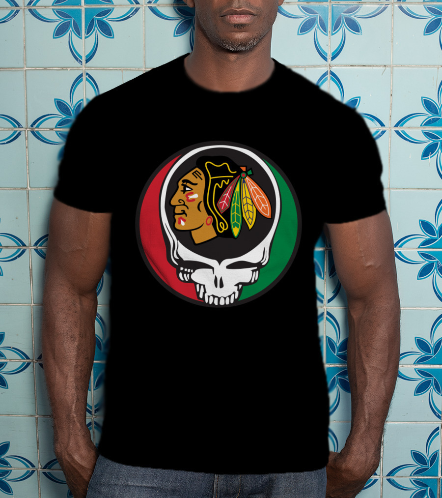 Grateful Dead Skull Chicago Blackhawks Logo Fusion For Fans T-Shirt