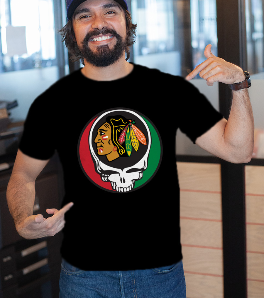 Grateful Dead Skull Chicago Blackhawks Logo Fusion For Fans T-Shirt