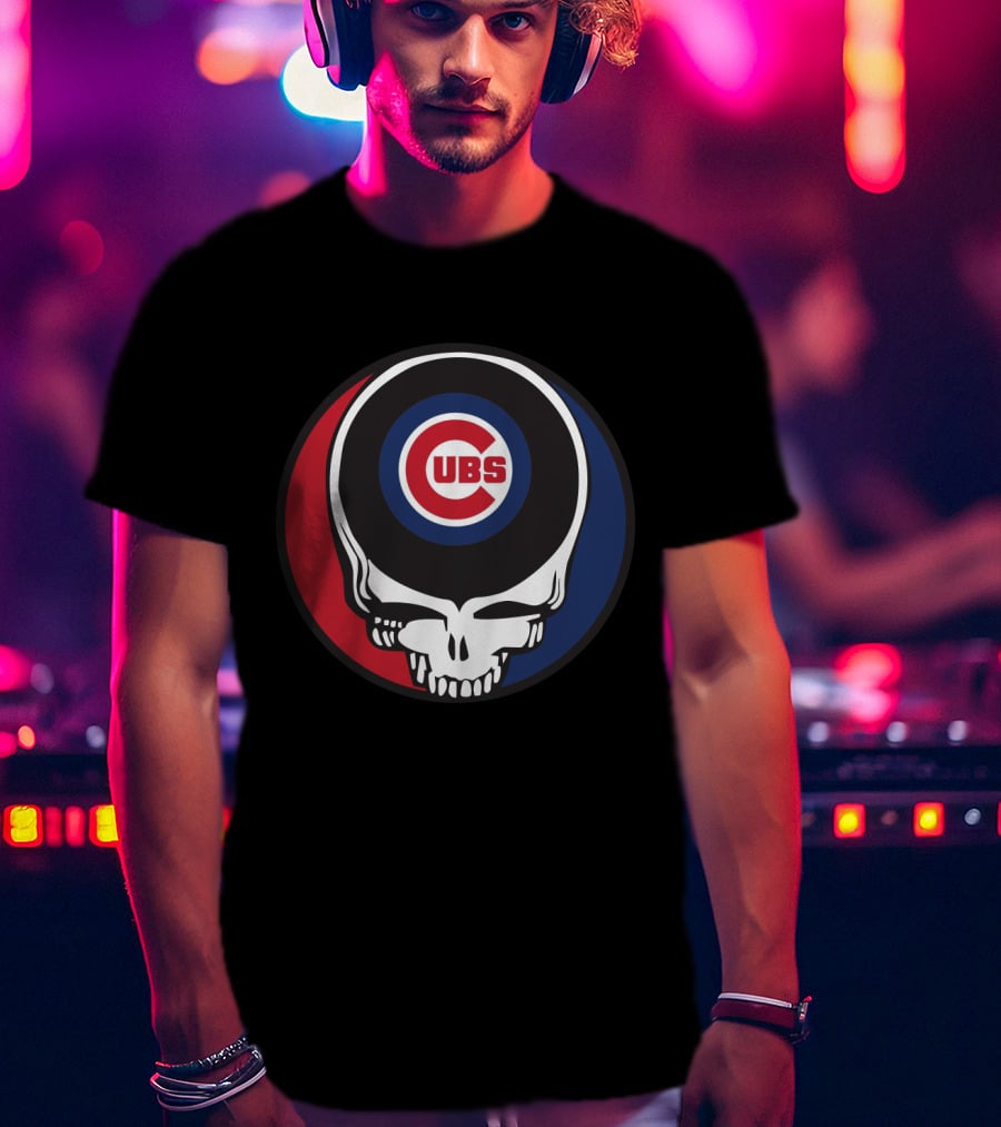 Grateful Dead Skull With Chicago Cubs Logo And Red Blue Circle T-Shirt