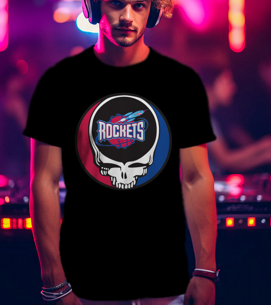 Grateful Dead Skull With Houston Rockets Basketball Logo And Blue Red Circle T-Shirt