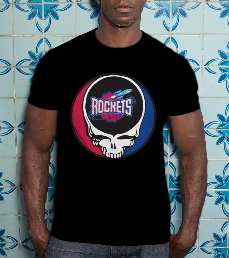 Grateful Dead Skull With Houston Rockets Basketball Logo And Blue Red Circle T-Shirt