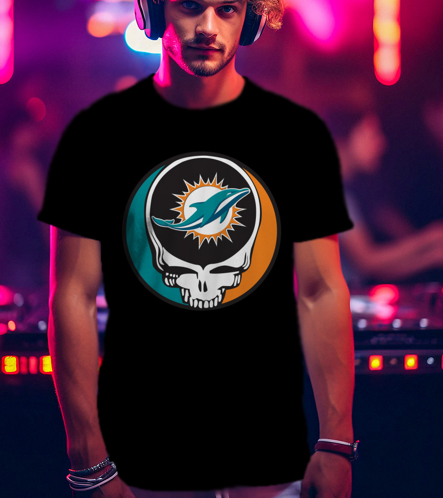 Grateful Dead Skull With Miami Dolphins Logo Fusion For Fans T-Shirt