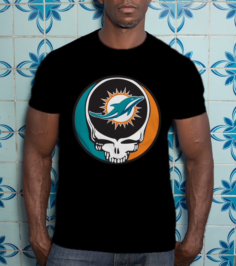 Grateful Dead Skull With Miami Dolphins Logo Fusion For Fans T-Shirt