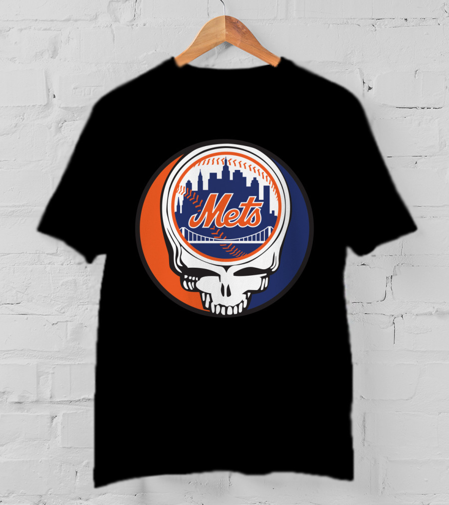 Skull Logo Blending New York Mets Skyline With Grateful Dead T-Shirt
