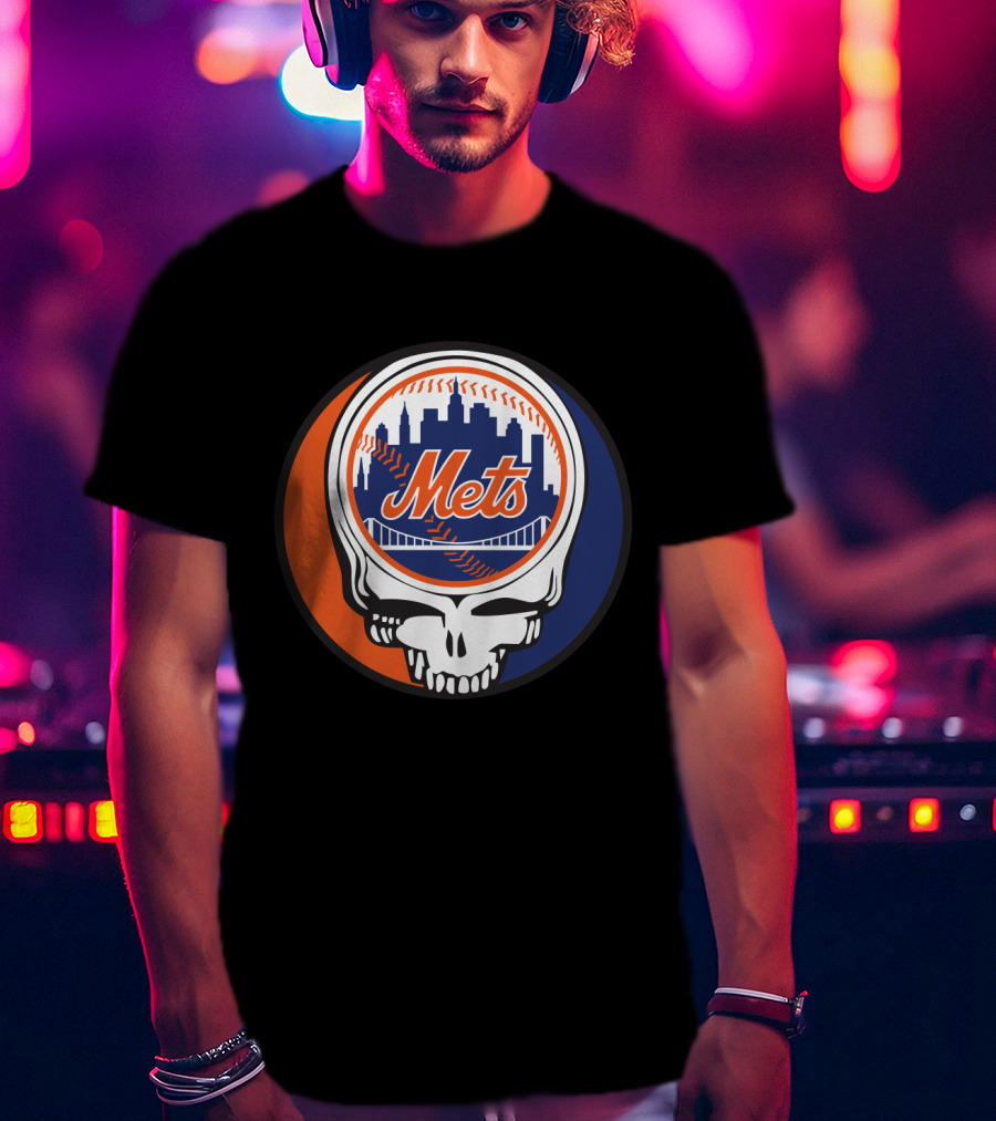 Skull Logo Blending New York Mets Skyline With Grateful Dead T-Shirt