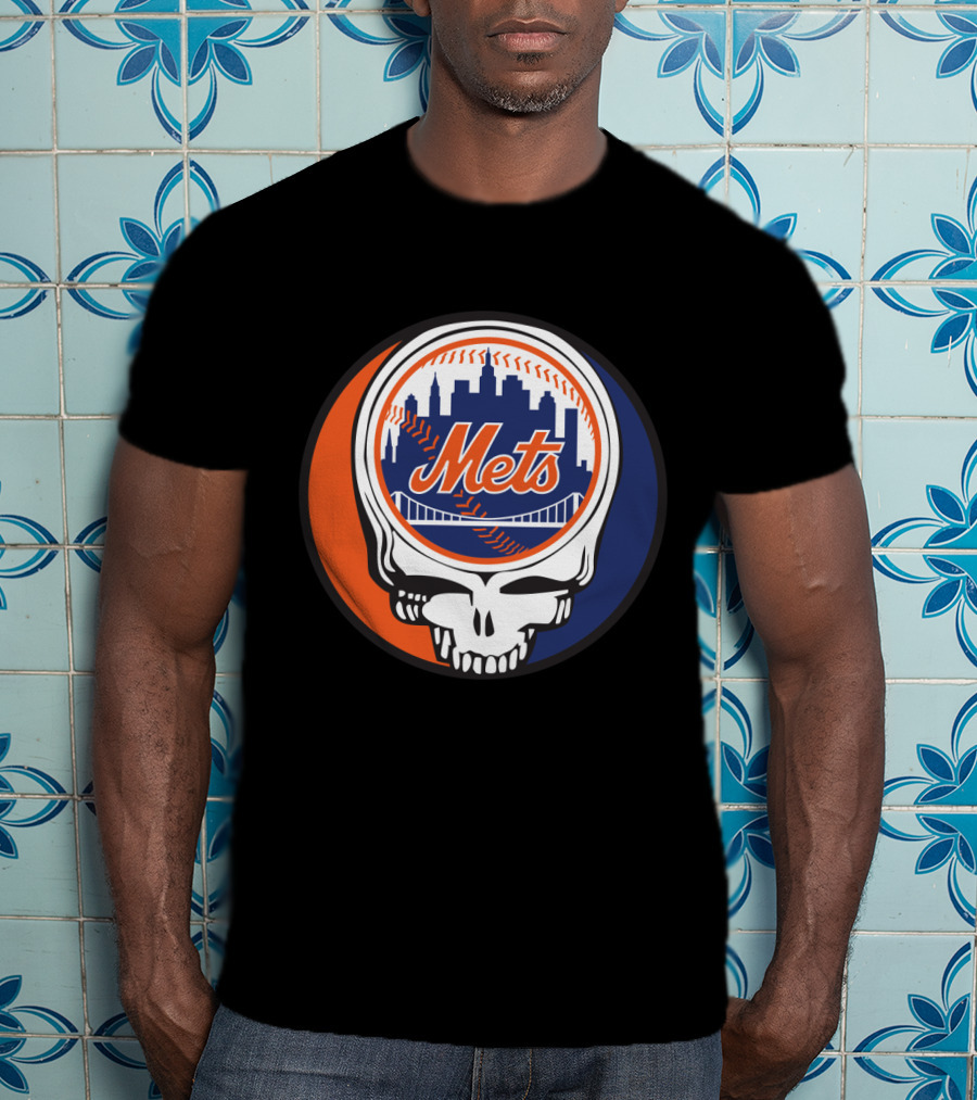 Skull Logo Blending New York Mets Skyline With Grateful Dead T-Shirt